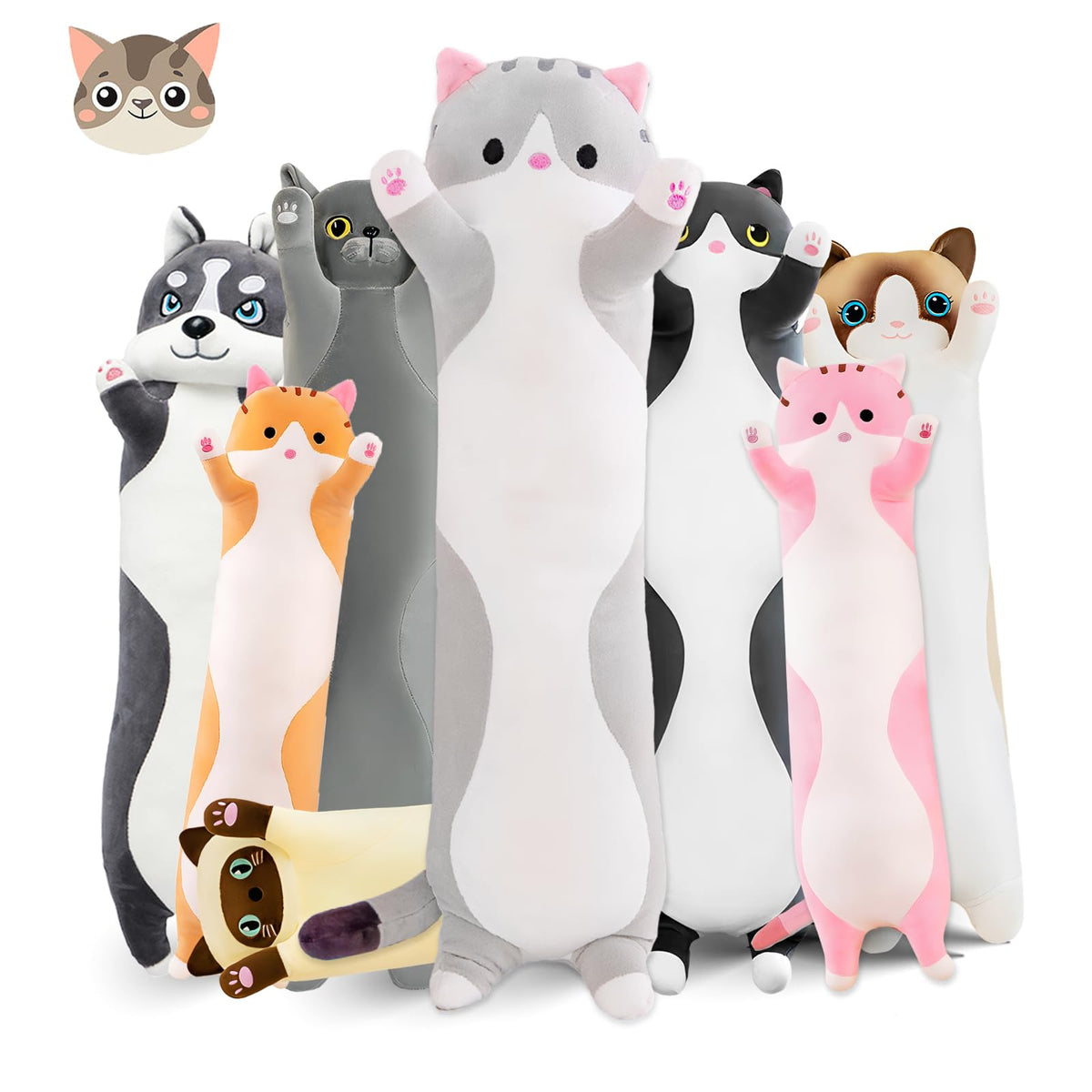 Nxnynz Long Cat Plush Pillow, 35.4In Cute Cat Plushie Stuffed Animals Body Pillow, Grey Kawaii Kitten Soft Plushie Doll Toy Birt