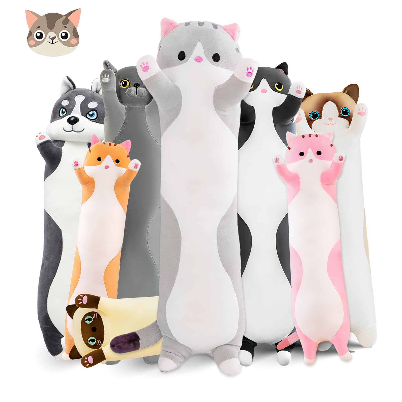 Nxnynz Long Cat Plush Pillow, 35.4In Cute Cat Plushie Stuffed Animals Body Pillow, Grey Kawaii Kitten Soft Plushie Doll Toy Birt