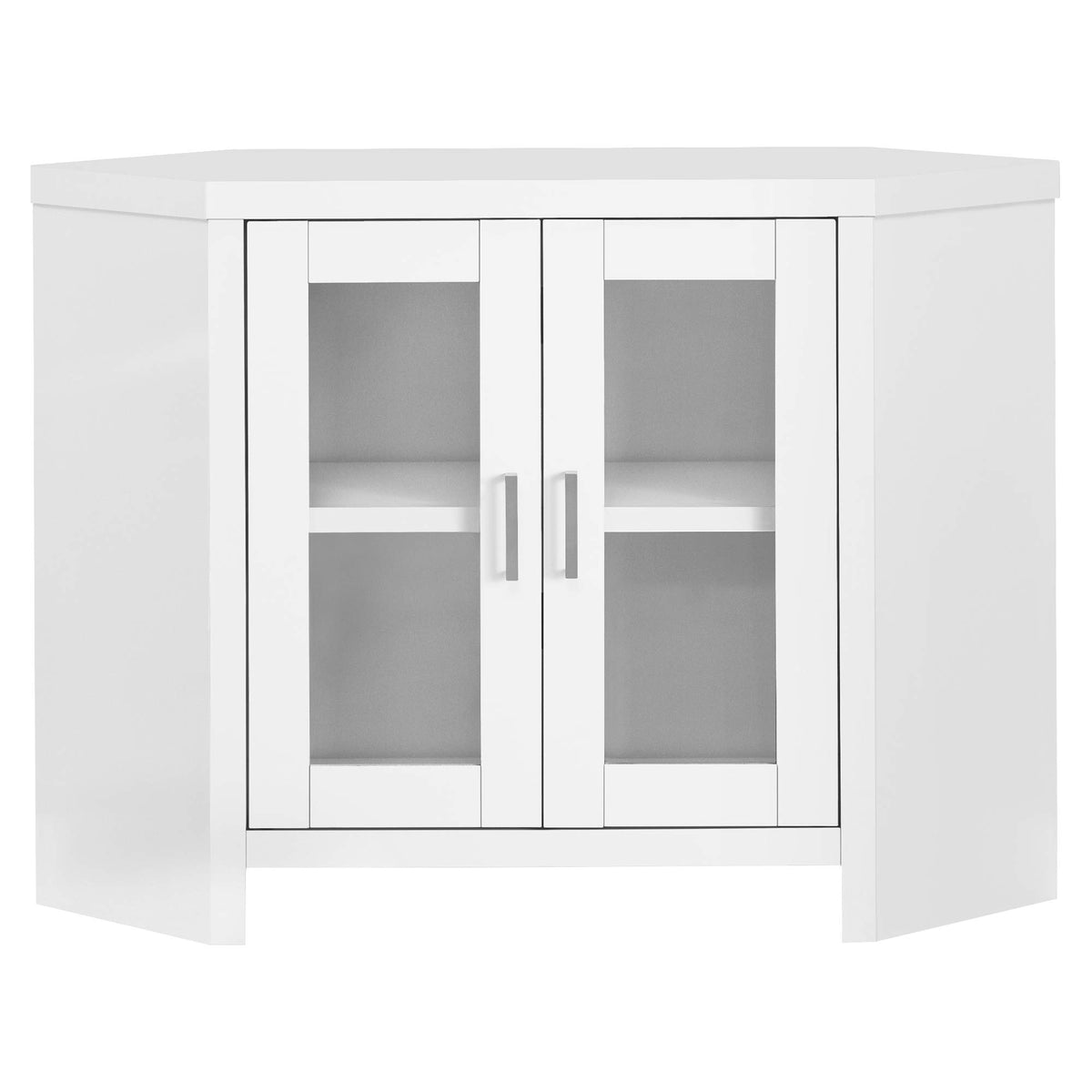 HomeRoots Particle Board, Glass, Hollow-Core, Laminate, MDF, White Corner TV Stand with Glass Doors