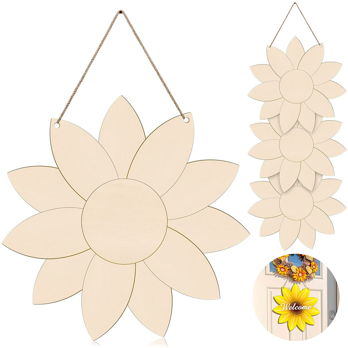 Unfinished Sunflower Wood Cutout Sunflower Sign Cutouts Sunflower Wood Door Hanger with 2.2 Yards Natural Rope for DIY Painting 