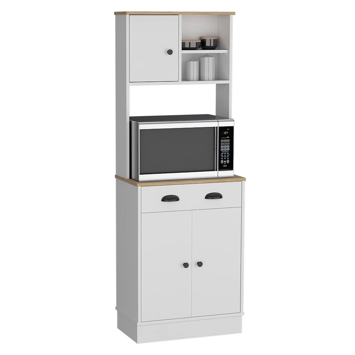 Kitchen Pantry 67&quot; H, 2 Cabinets, 3 Doors, 2 Open Shelves, 1 Drawer, Microwave Storage Option, White/Macadamia