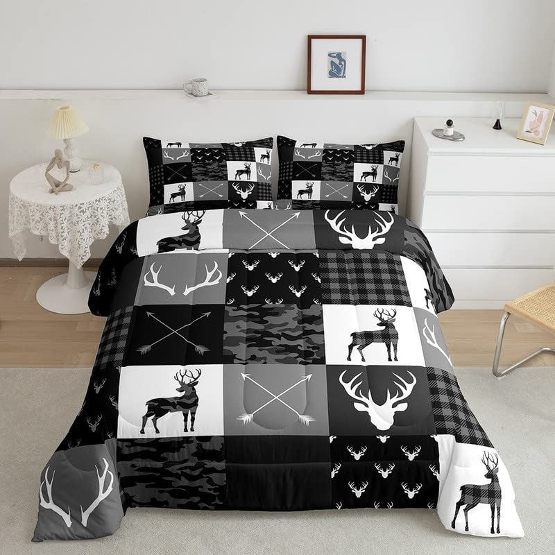Deer Antler Silhouette Kids Comforter Set Full Size,Geometric Plaids Arrows Boho Bedding Set,Wild Animals Hunting Rustic Adventu