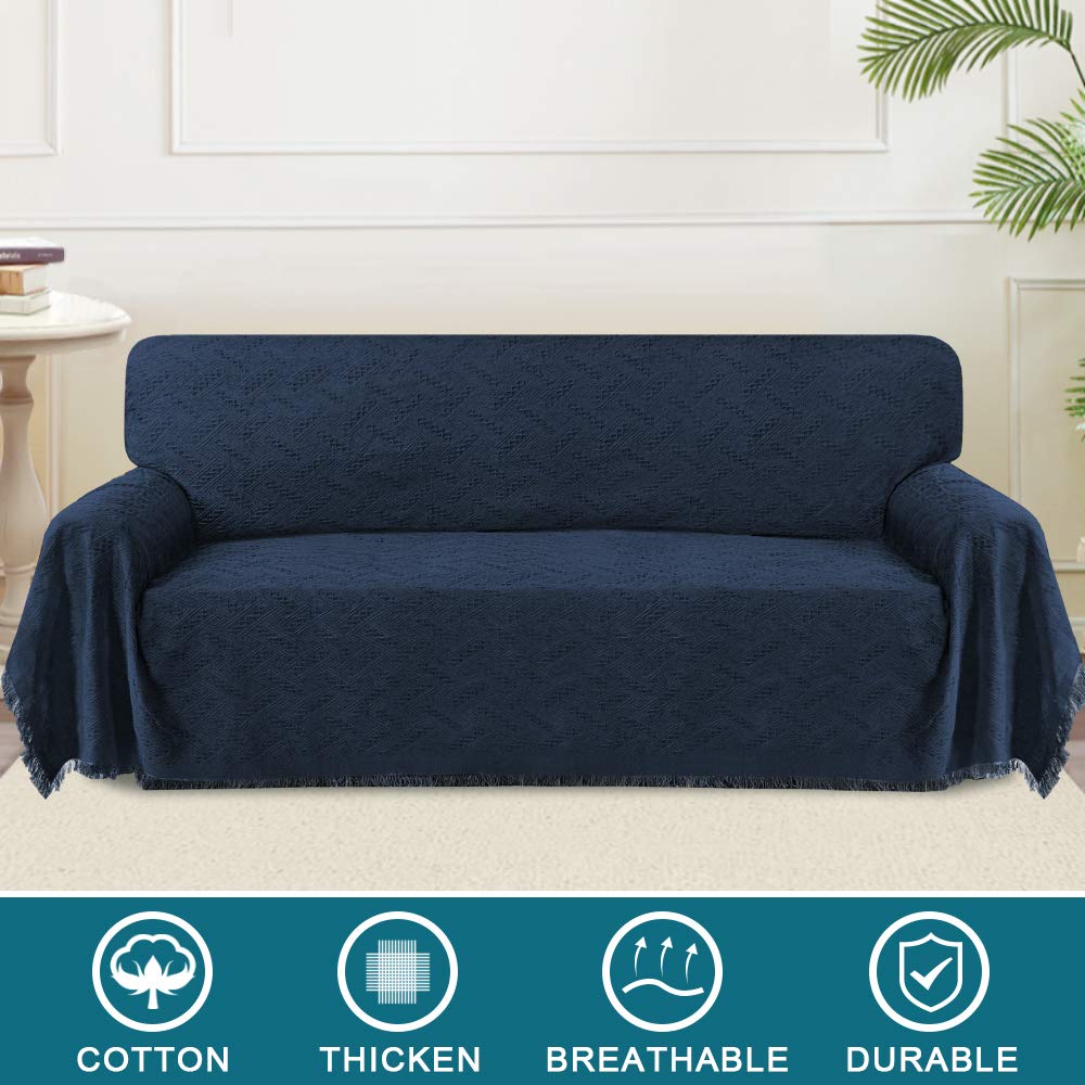 Turquoize Cotton Xx-Large Blanket, Navy, 91'X134', Jacquard Weave, Geometrical Pattern, Tassel Embellishment, Durable, Heavyweig