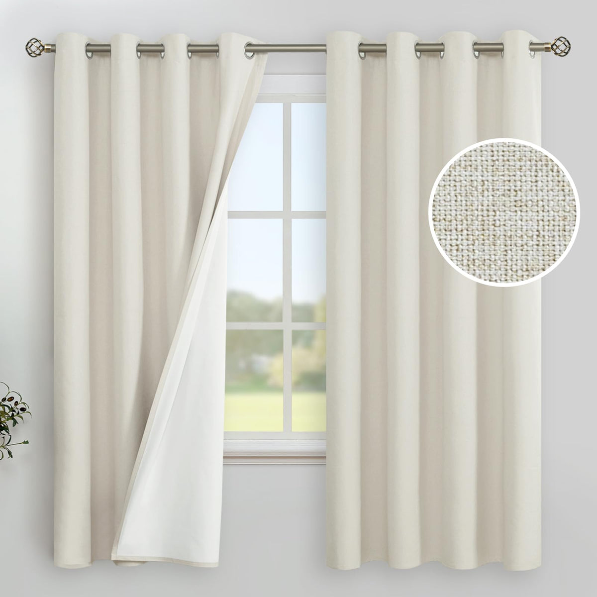YoungsTex Linen Blackout Curtains 63 Inches Long for Bedroom, Grommet Full Room Darkening Insulated Drapes for Winter Living Roo