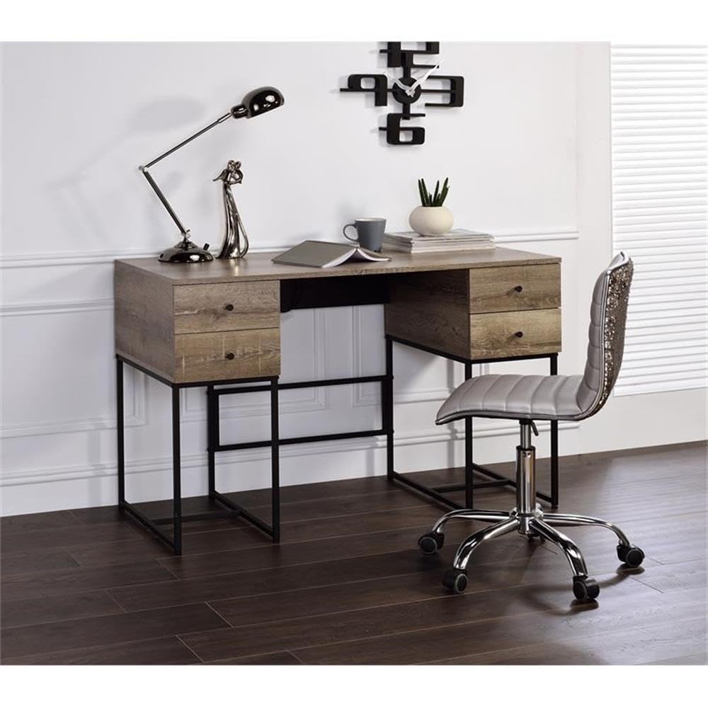 Acme Desirre Wooden Top 4-Drawer Writing Desk In Rustic Oak And Black