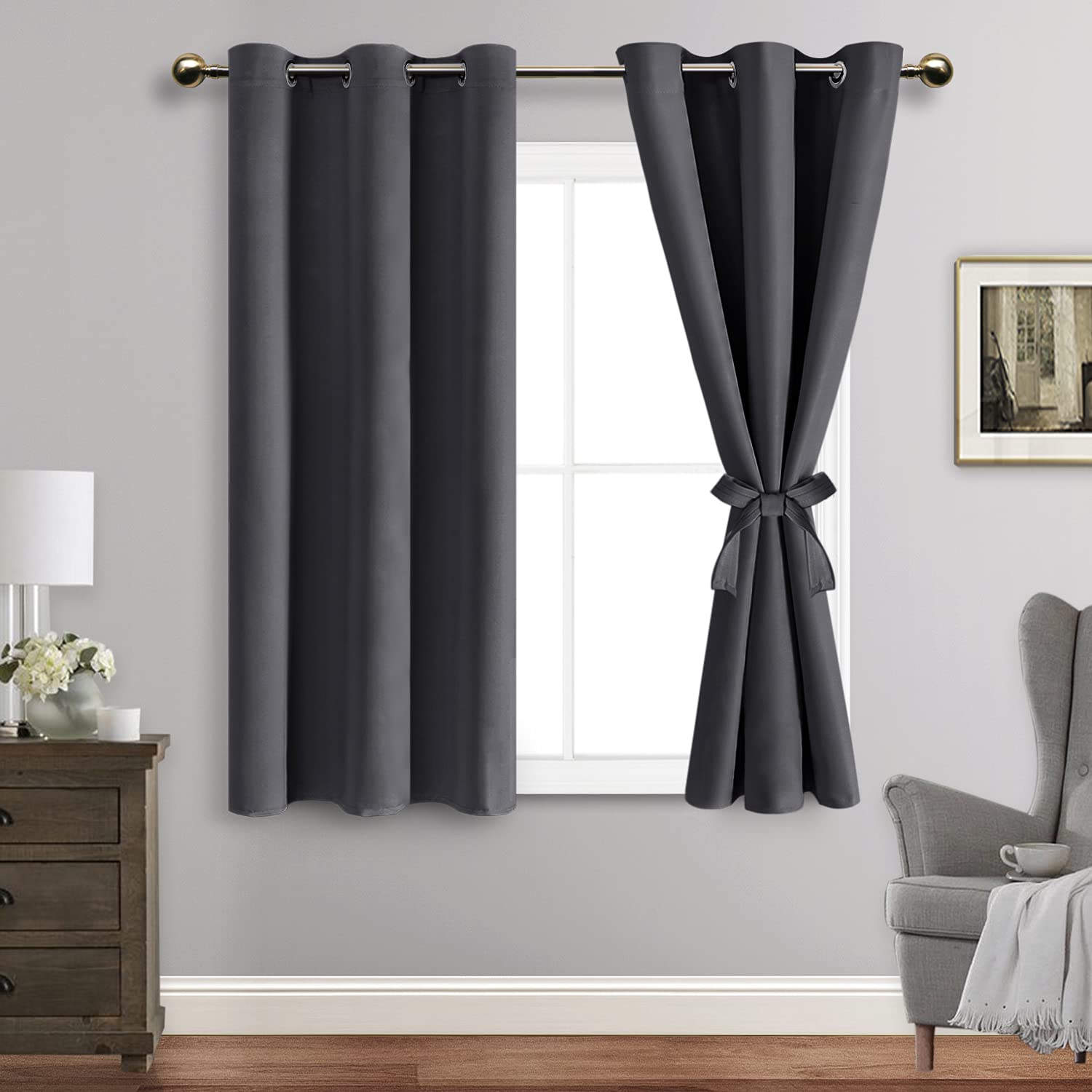 Jiuzhen Blackout Curtains With Tiebacks - Thermal Insulated, Light Blocking And Noise Reducing Grommet Curtain Drapes For Bedroom And Living Room, Set Of 2 Panels, 42 X 45 Inch Length, Dark Grey