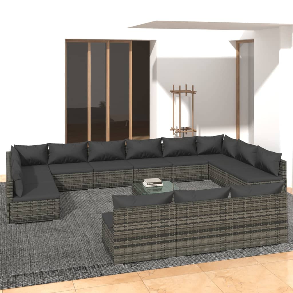 vidaXL Patio Lounge Set 14 Piece with Cushions Garden Outdoor Lawn Yard Terrace Balcony Seat Seating Sofa Lounge Set Furniture Gray Poly Rattan