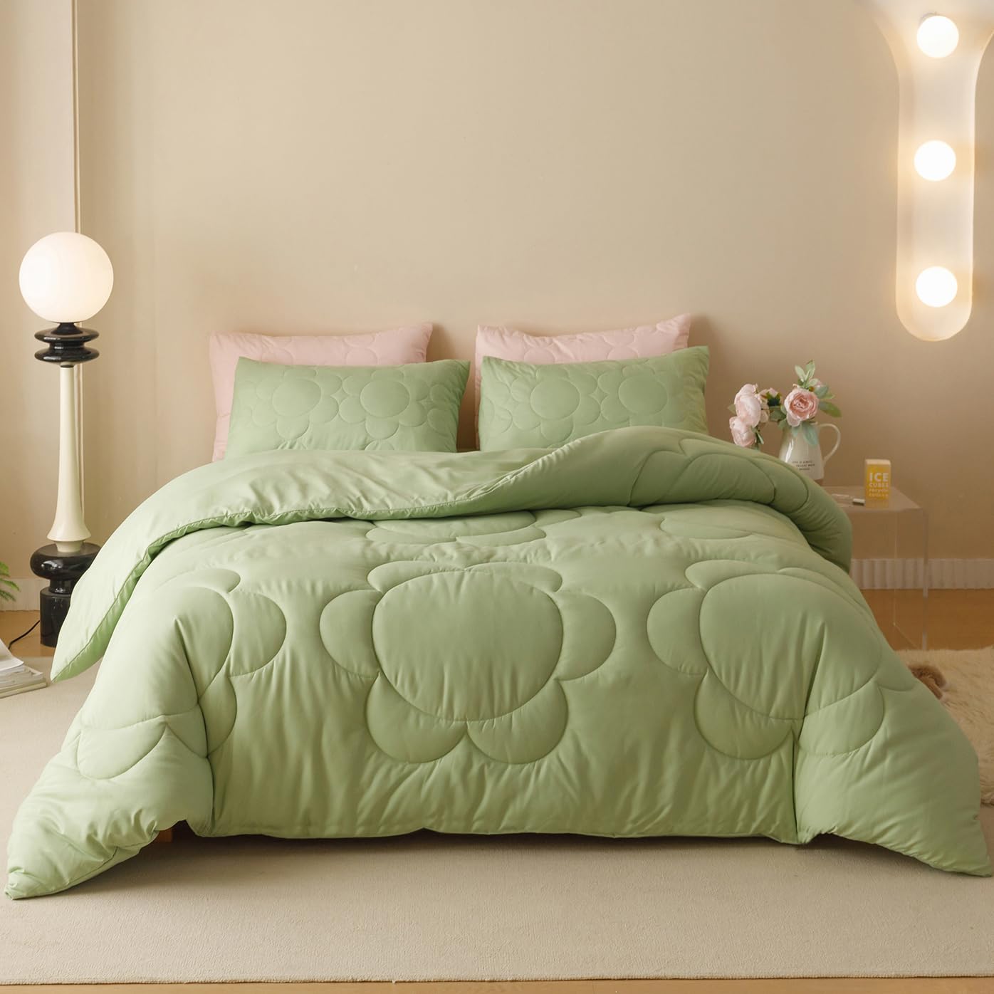 Karever Sage Flower Comforter Queen Green Sunflower Print Bed Queen Comforter Set 3 Pieces Green Floral Comforter Set For Women