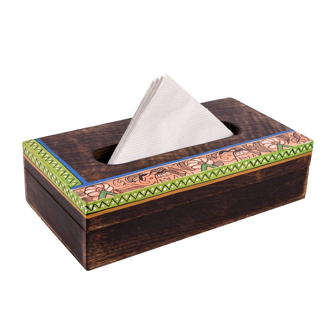 Aakriti Art Creations Handpainted Wooden Tissue Box Holder | Madhubani Art Square Tissue Stand in Wood | Matte Finish Natural Br