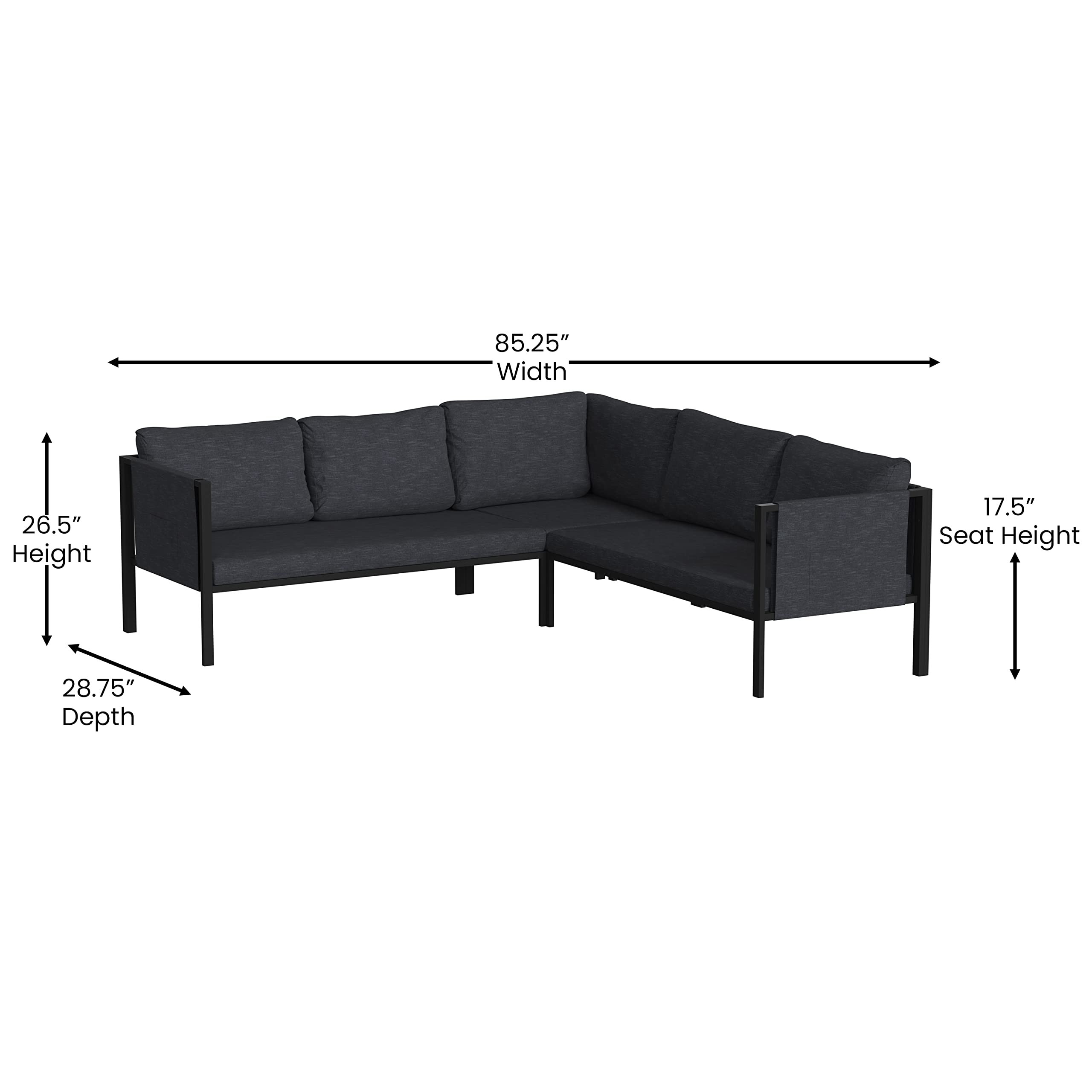 Flash Furniture Lea Indoor/Outdoor Sectional with Cushions - Modern Steel Framed Chair with Dual Storage Pockets, Black with Charcoal Cushions