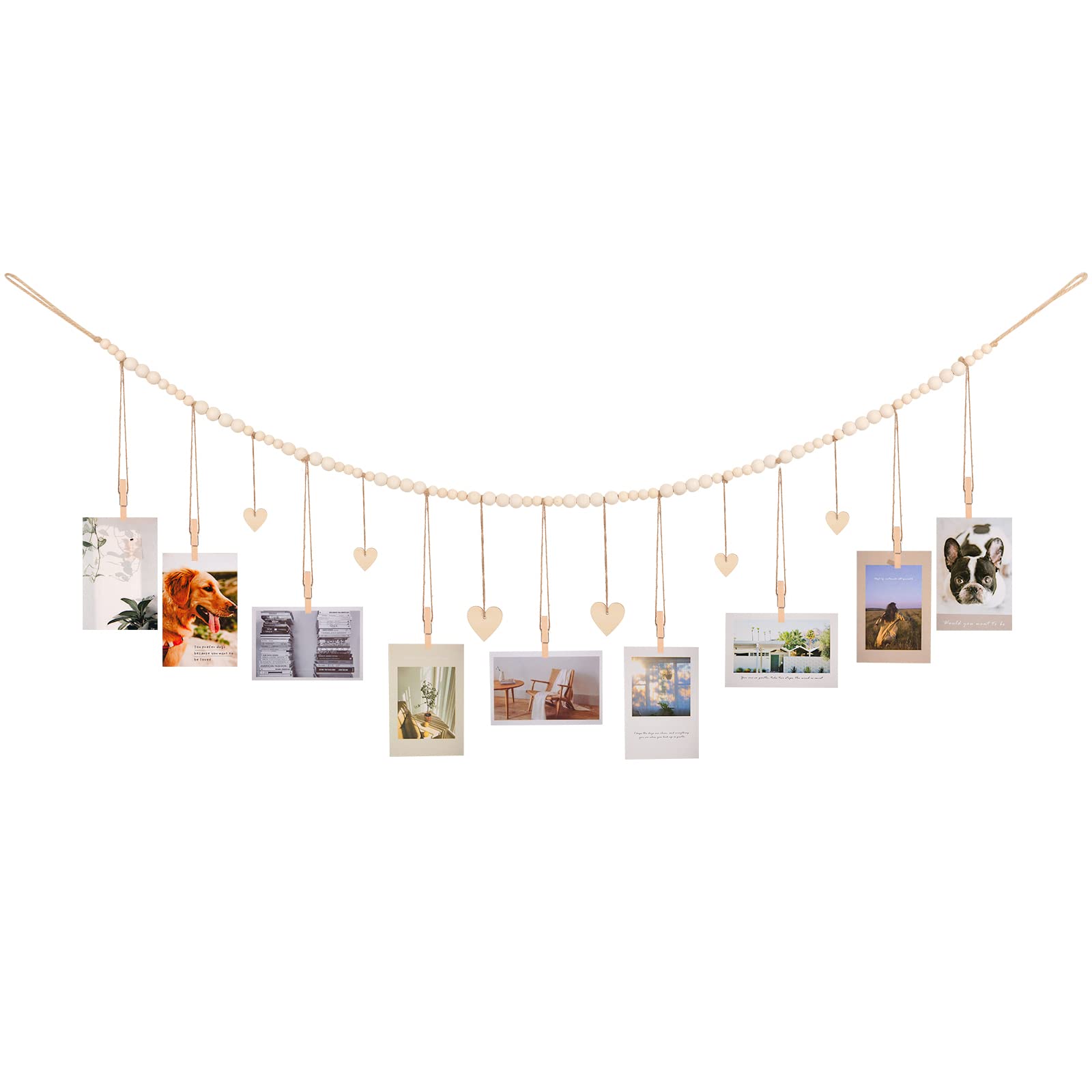 KLOGTSIND Hanging Photo Display with Clips, 9 Wood Clips, Boho Picture Frames Collage Wall Decor, Photo Hanger for Office Cubicl