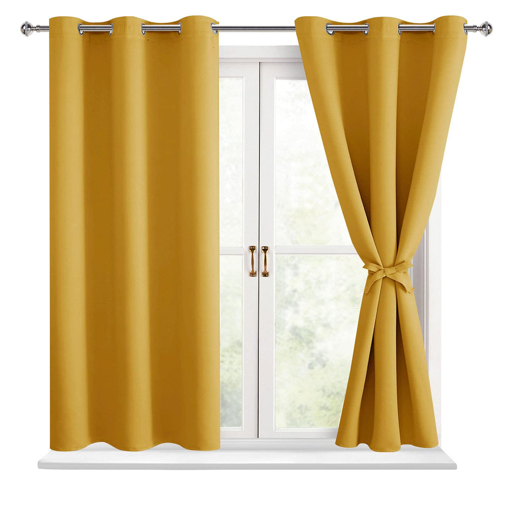 Hiasan Short Blackout Curtains For Bedroom - Thermal Insulated & Light Blocking Window Curtains For Living Room, 2 Drape Panels Sewn With Tiebacks, Mustard Yellow, 38 X 45 Inch