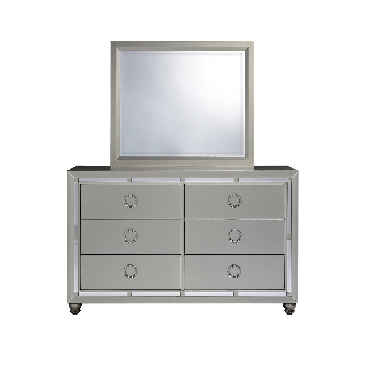 HomeRoots Wood Silver Champagne Tone Dresser with Mirror Trim Accent 6 Drawers