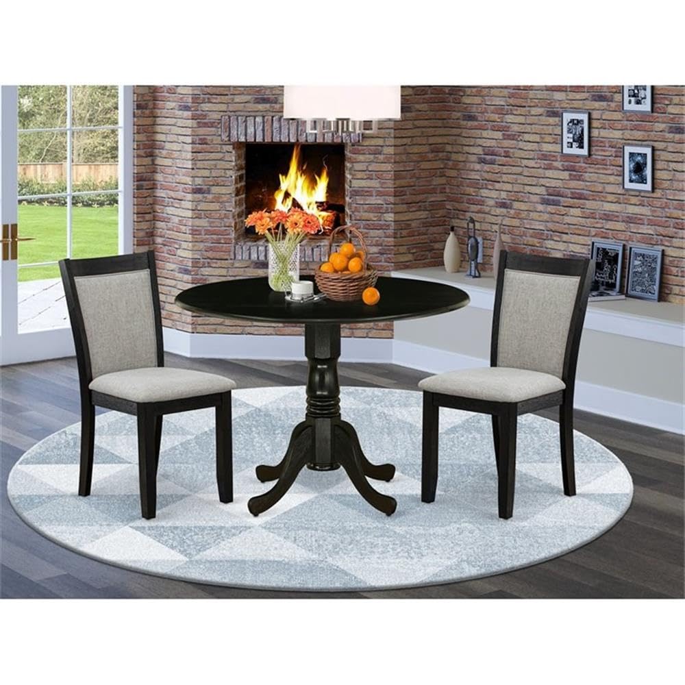 East West Furniture DLMZ3-AB6-06 3 Piece Modern Dining Table Set Contains a Round Wooden Table with Dropleaf and 2 Shitake Linen Fabric Parsons Dining Chairs, 42x42 Inch, Wirebrushed Black