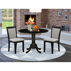 East West Furniture DLMZ3-AB6-06 3 Piece Modern Dining Table Set Contains a Round Wooden Table with Dropleaf and 2 Shitake Linen Fabric Parsons Dining Chairs, 42x42 Inch, Wirebrushed Black