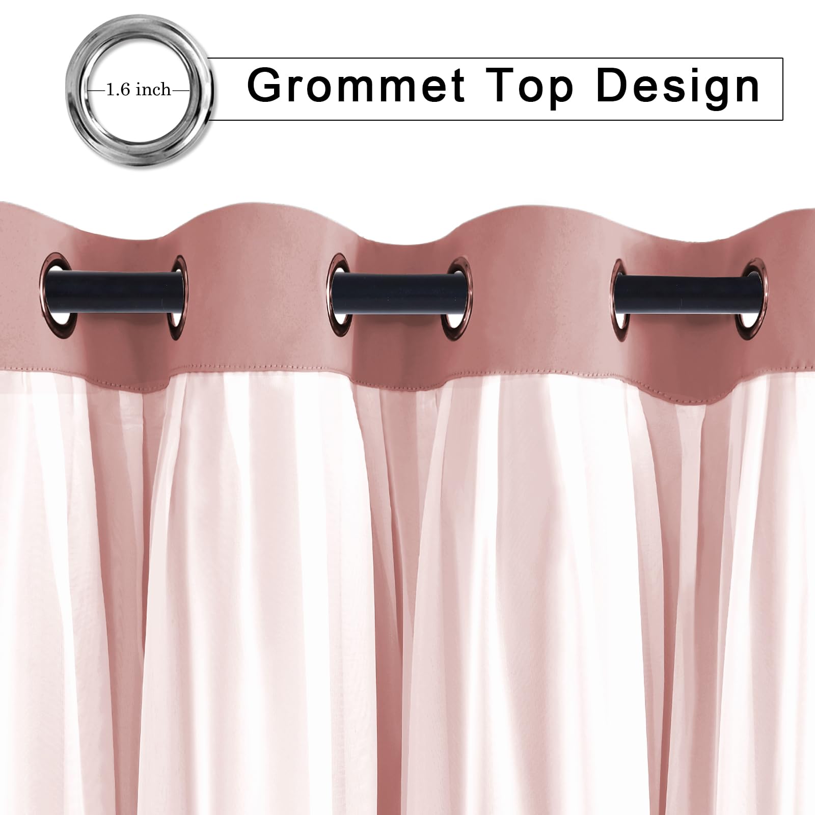Hiasan Mix & Match Blackout Curtains With Sheer Overlay, Double Layer Thermal Insulated Privacy Grommet Window Curtains For Girl