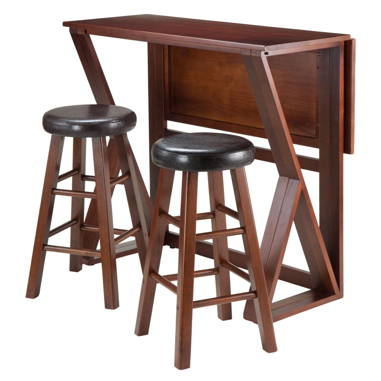 Winsome 3-Piece Harrington Drop Leaf High Table with 2 Cushion Round Seat Stools, 24-Inch, Brown