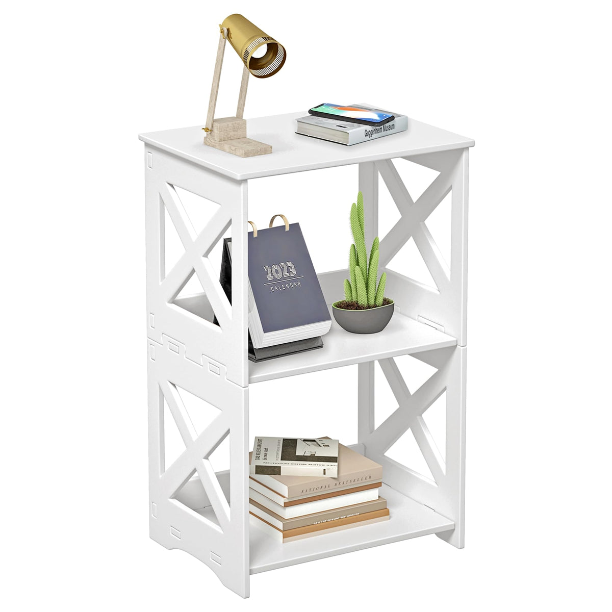Byfu 3-Tier Side Table, Small End Table With Storage Shelf, White Nightstand Bedside Table Updated Bookshelf Bookcase Display Rack For Bedroom Bathroom Living Room Office