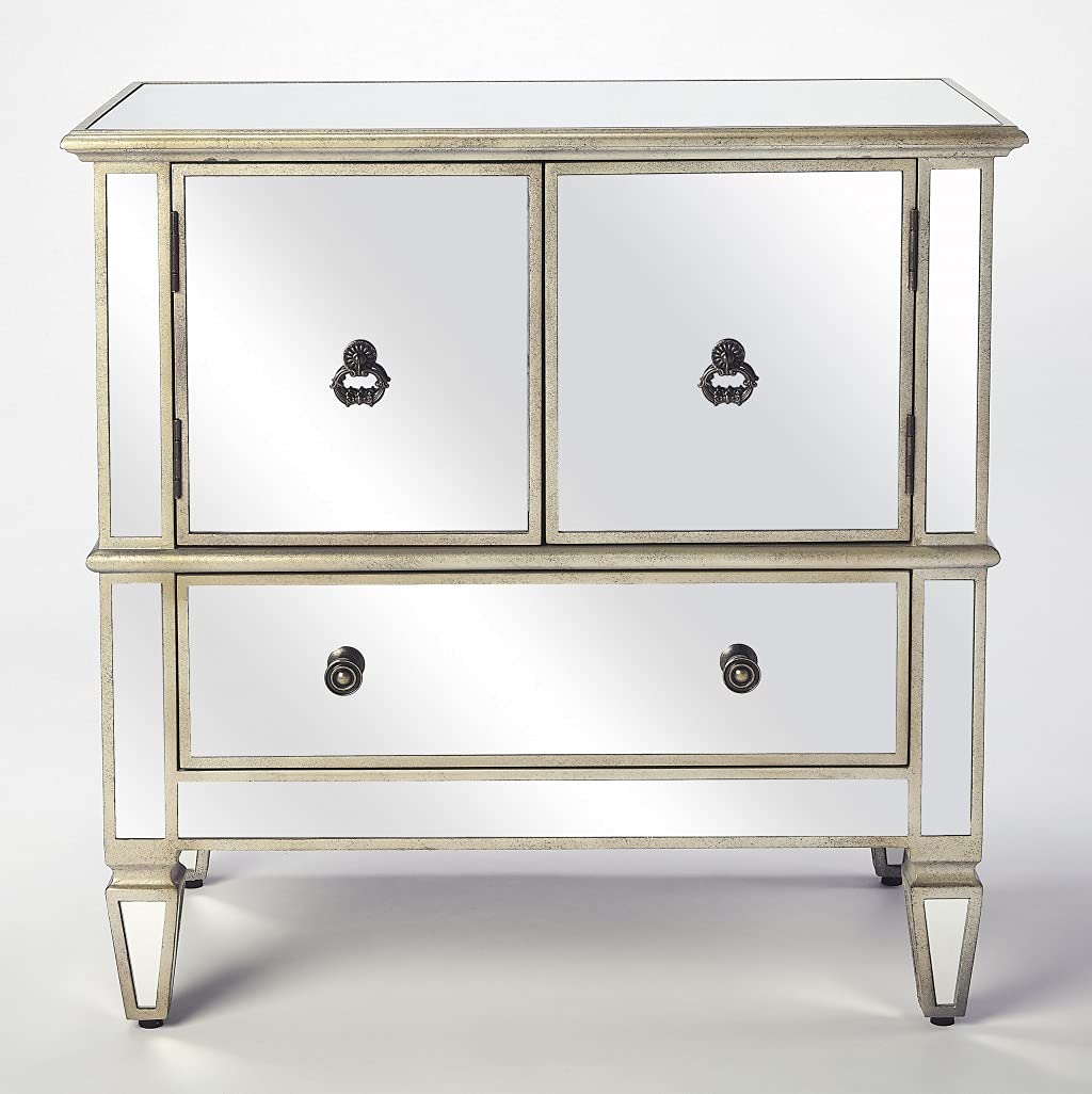 HomeRoots Silver Mirror Glass, Birch Wood,Antique Gold Finish Celeste Mirrored Console Cabinet