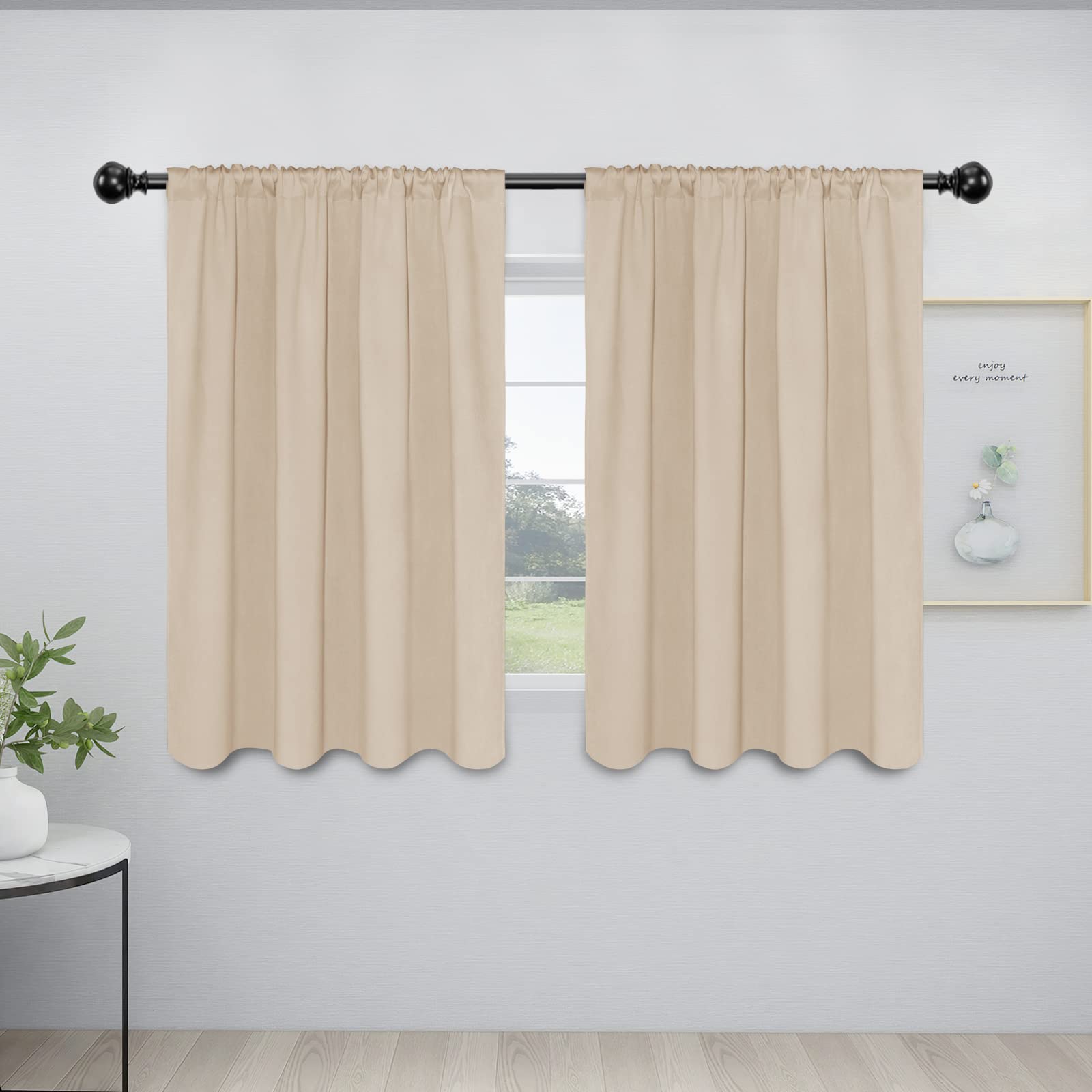 Easy-Going Rod Pocket Blackout Curtains For Bedroom, Room Darkening Window Curtains For Living Room, Thermal Insulated Noise Reduction Solid Window Drapes, 2 Panels(42X45 In, Beige)