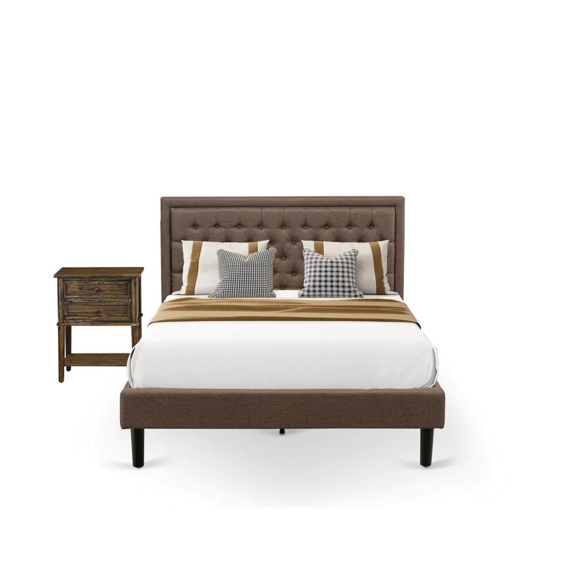 East West Furniture KD18Q-1VL07 2 Piece Bed Set - 1 Platform Queen Bed Frame Brown Linen Fabric Padded and Button Tufted Headboard with 1 Wooden Nightstand - Distressed Jacobean Finish Nightstand