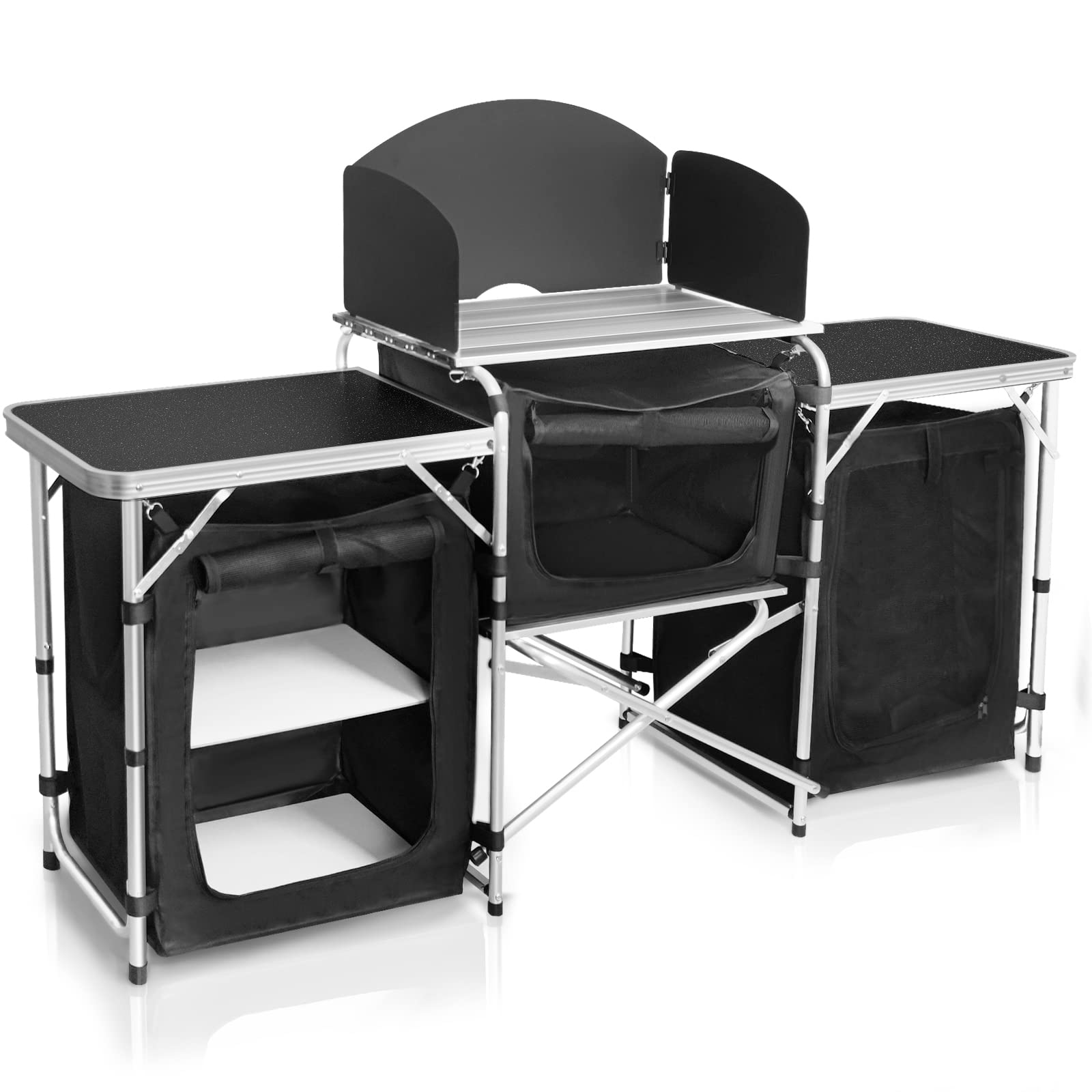 CampLand Folding Cooking Table Outdoor Portable Cook Station Aluminum Camping Kitchen with Storage Organizer, Windscreen, Hooks 
