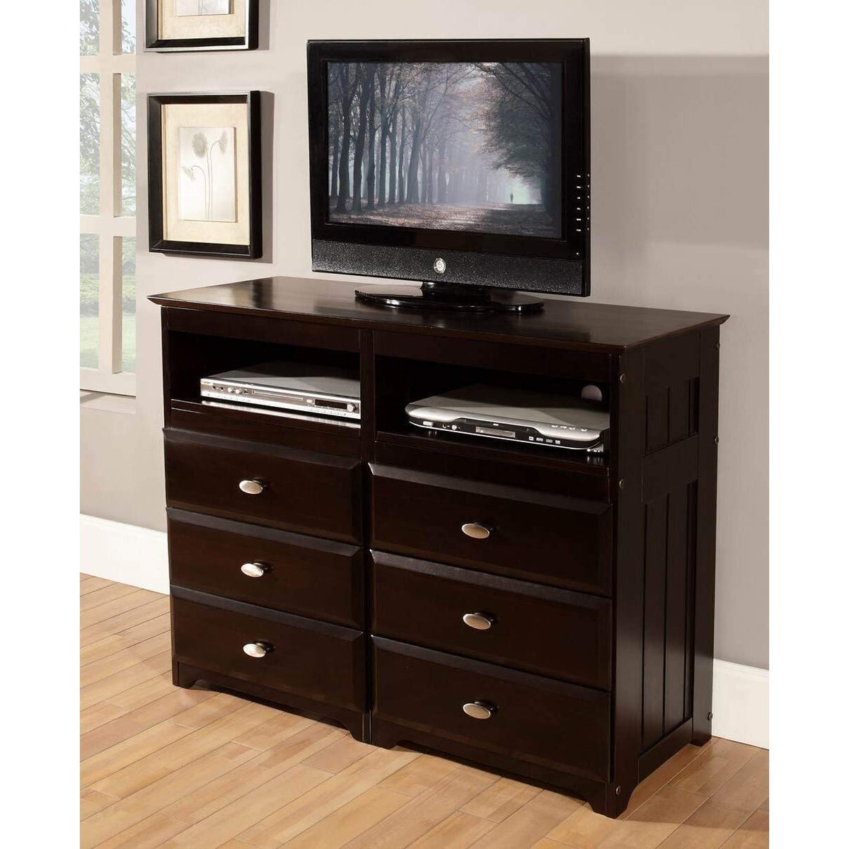 American Furniture Classics Espresso-Finished Pine Wood 6-Drawer Entertainment Dresser