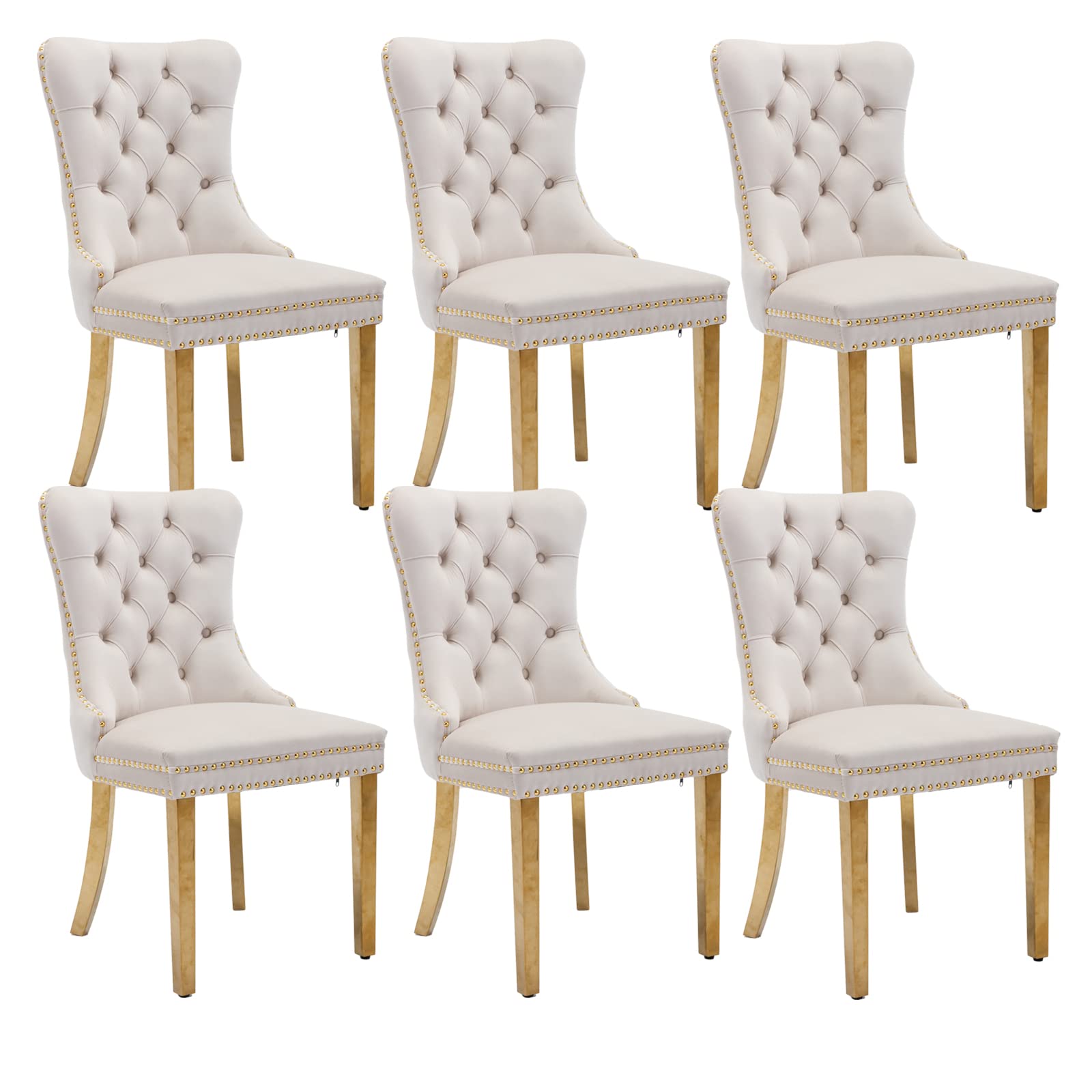 Shenyon Beige Velvet Dining Chairs Set Of 6, Upholstered Dining Room Chairs With Back Ring Pull Trim And Golden Stainless Steel