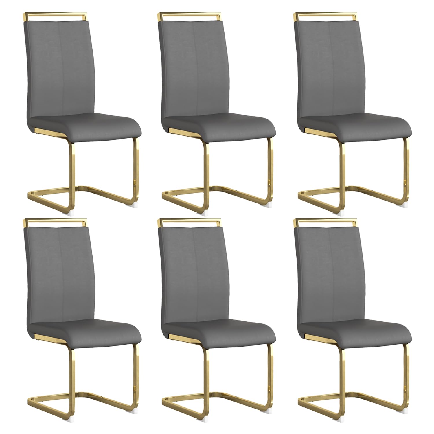 Gopop Modern Dining Chairs Set Of 6,High Back Grey Kitchen Chairs,Faux Leather Side Chair With Gold Plated Metal Legs,Easy To Cl
