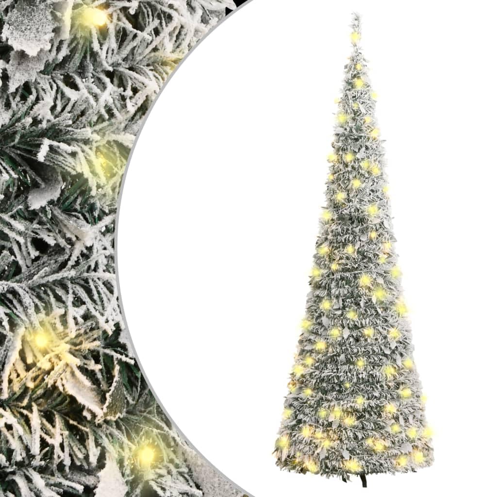 vidaXL Artificial Christmas Tree - 59.1&quot; Festive Holiday Decor with Flocked Snow, Warm White LEDs, 8 Lighting Modes, Durable Metal Stand, and Reusable PVC Tips