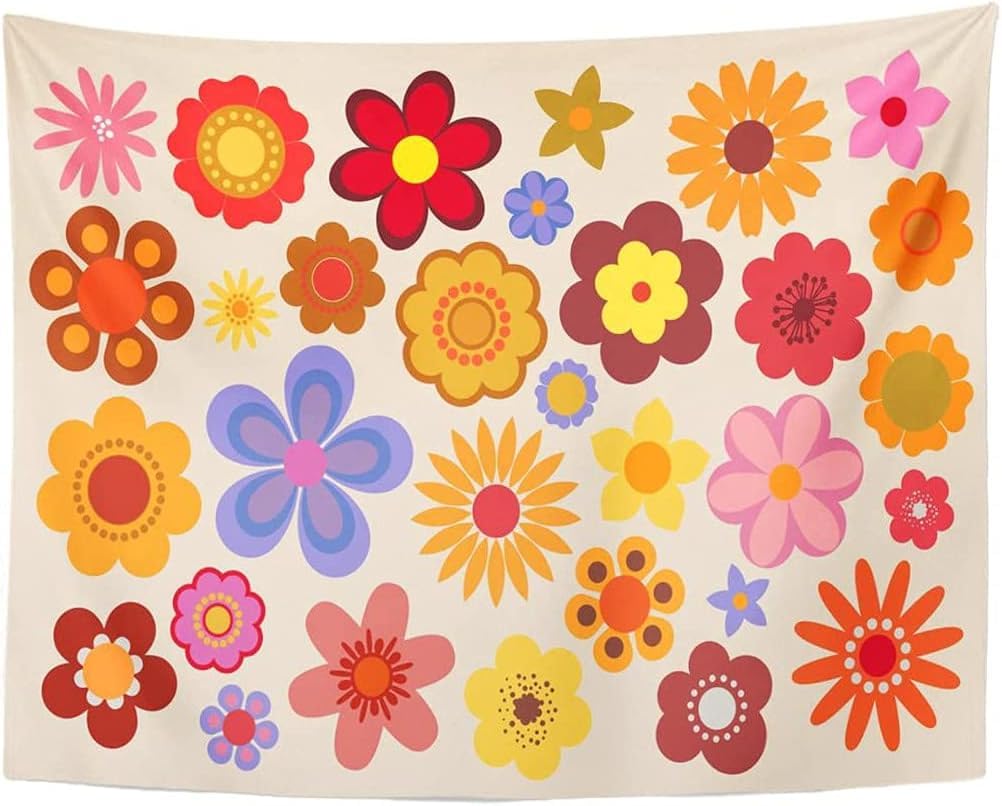 TOMPOP Tapestry Green 1960 Vintage Flowers 60S 70S Orange Hippie Home Decor Wall Hanging for Living Room Bedroom Dorm 50x60 Inch