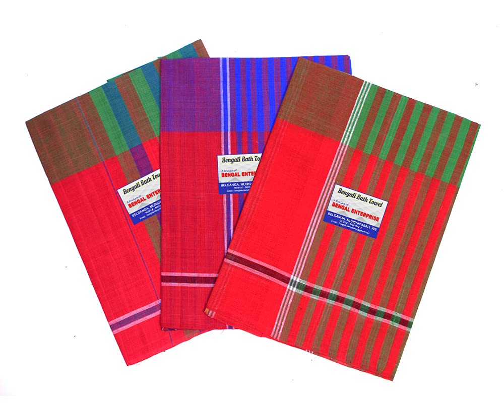 BENGAL ENTERPRISE Cotton Gamcha for Bath Soft Bengali Bath Towel from Beldanga Multicolour XXL Large (Set of 3)