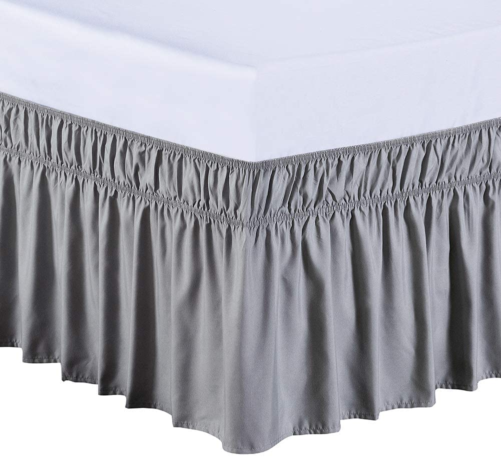 Meila Wrap Around Bed Skirt Three Fabric Sides Elastic Dust Ruffled 16 Inch Tailored Drop,Easy To Install Fade Resistant-Grey, T