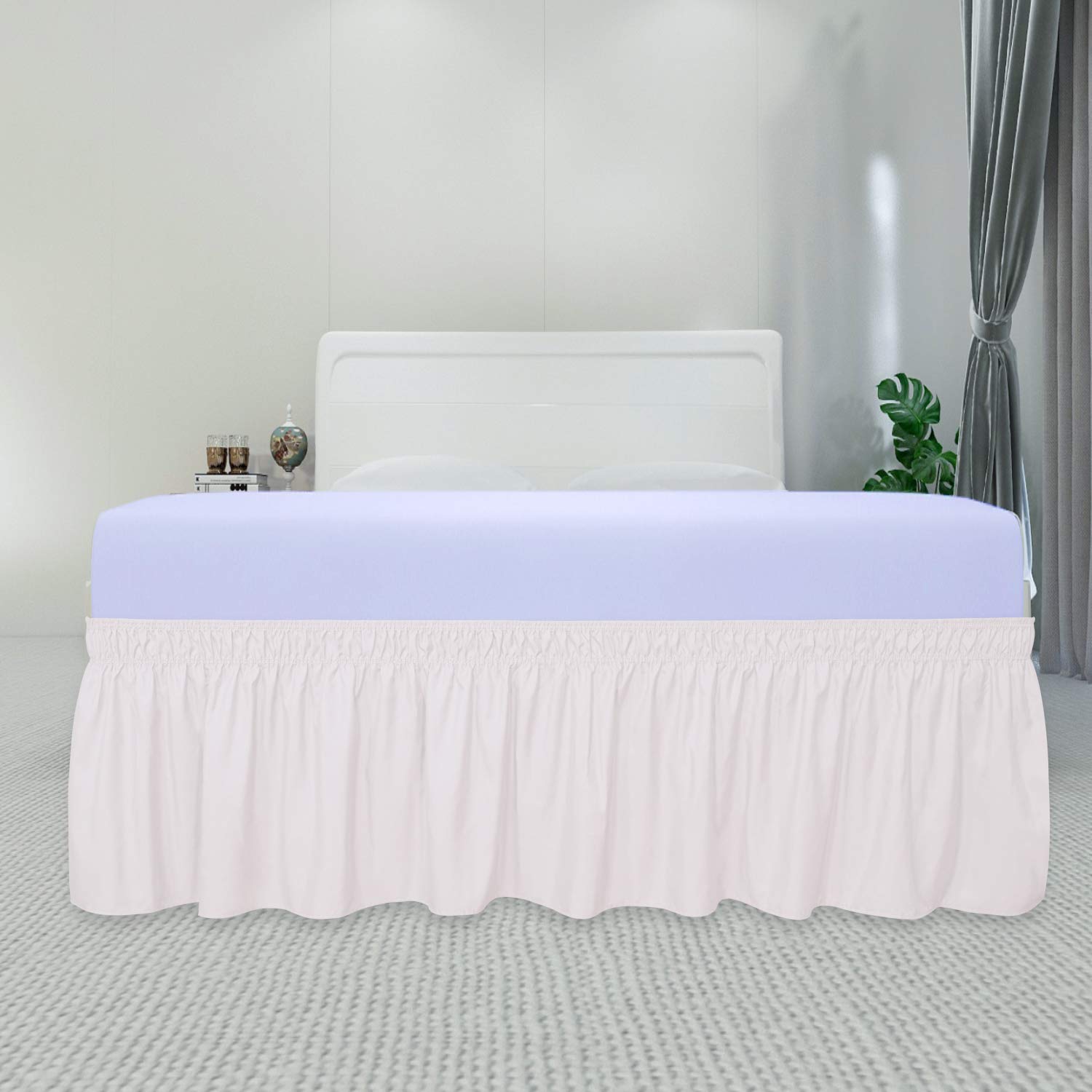 Purefit Wrap Around Ruffled Bed Skirt With Adjustable Elastic Belt - 14 Inch Drop Easy To Put On, Wrinkle Free Bedskirt Dust Ruffles, Bed Frame Cover For Twin, Twin Xl And Full Size Bed, Baby Pink