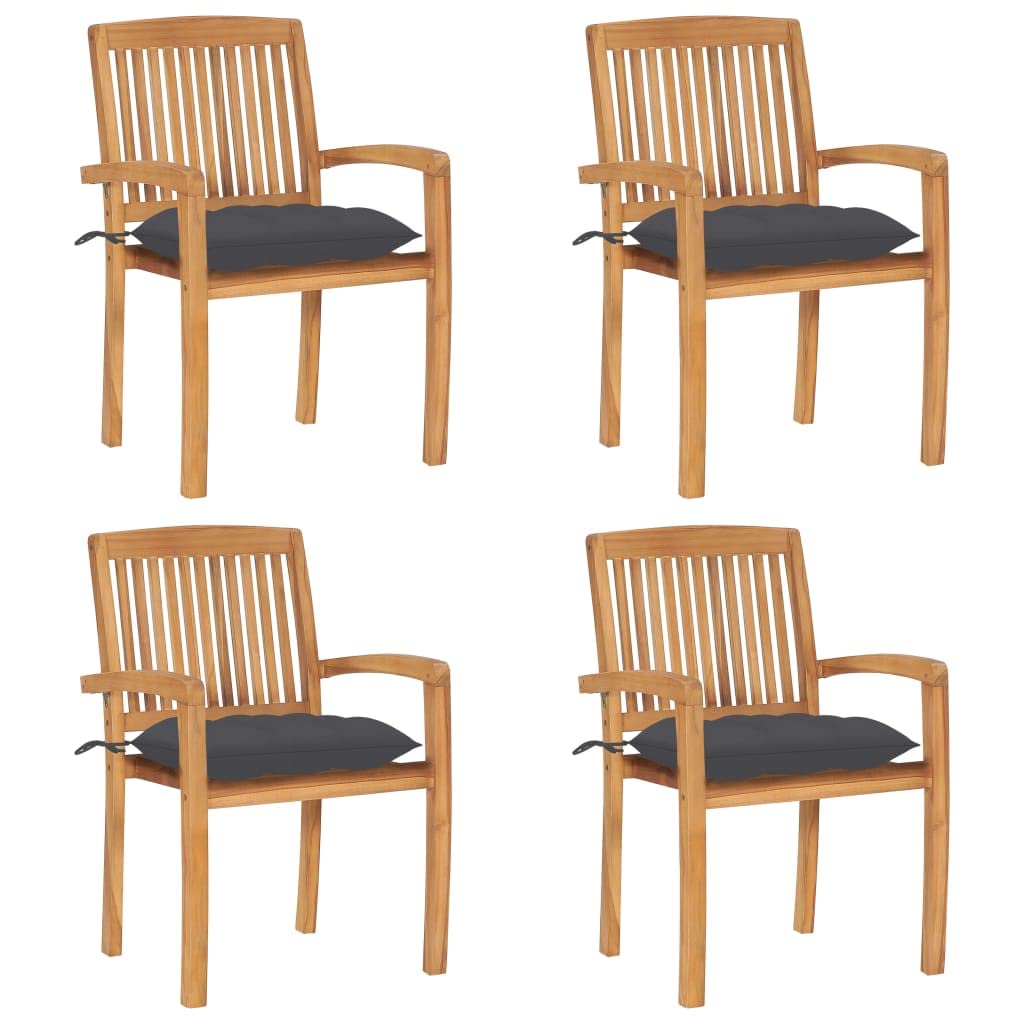 vidaXL Solid Teak Wood Stacking Patio Chairs-Set of 4 with Cushions, Rustic Charm Seating for Garden/Patio, Weather-Resistant with Comfort Cushions, Space-Efficient Stackable Design, Anthracite