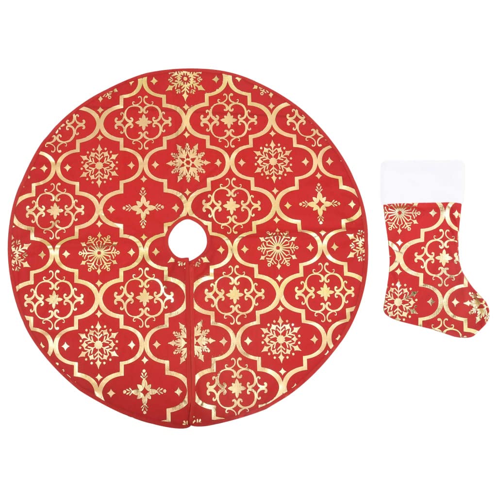 vidaXL Red Christmas Tree Skirt with Matching Sock - Luxurious 4 ft Diameter Holiday Decoration with Snow Pattern Design, Fabric Polyester, Easy to Fold and Store