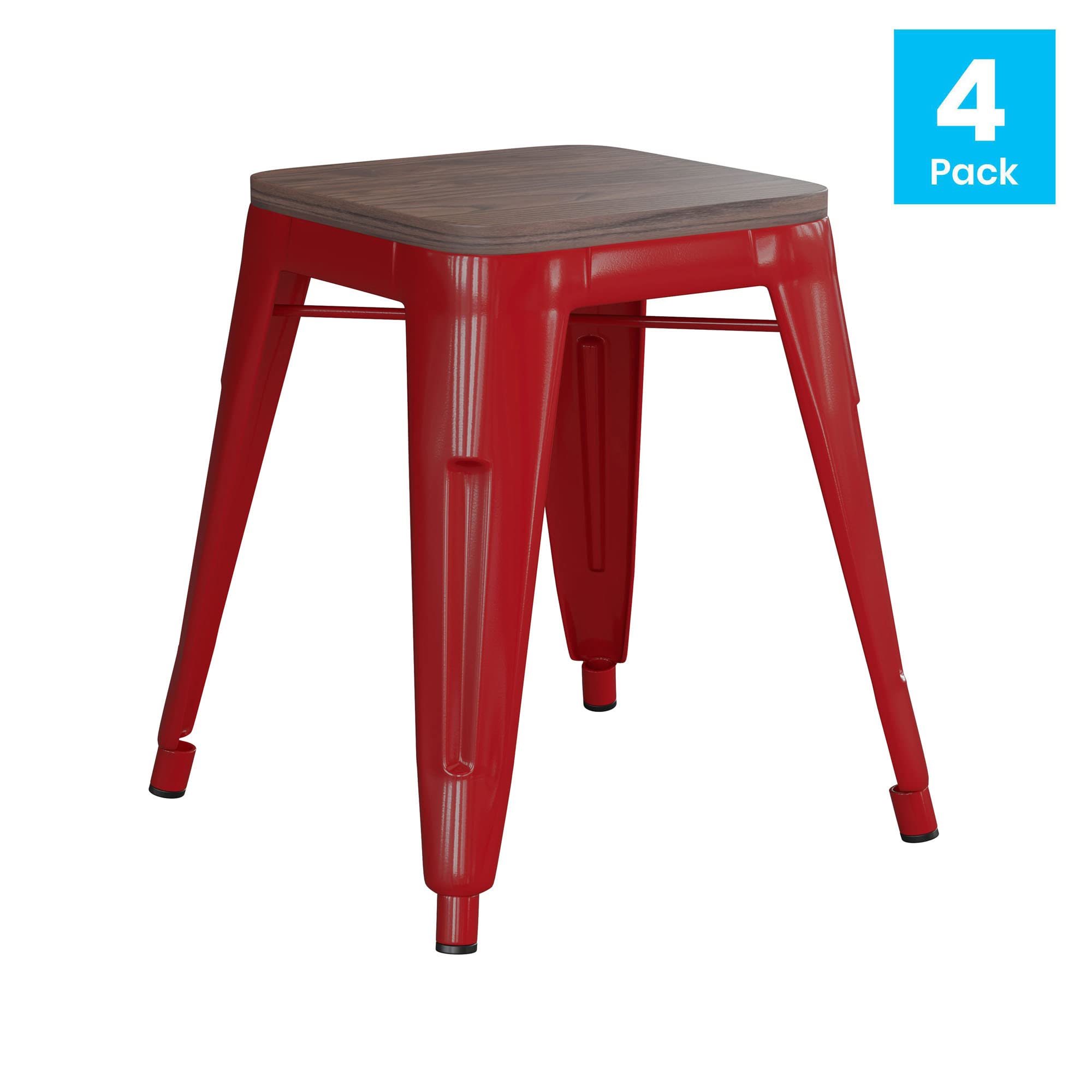 Flash Furniture Metal Dining Table Height Stool with Wooden Seat Set of 4 - Backless Red Kai Commercial Grade Stool - Kai 18&quot; Stackable Dining Chairs