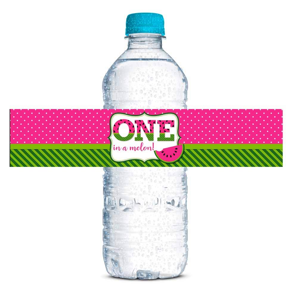Sweet First Birthday Pink Watermelon Birthday Waterproof Water Bottle Sticker Wrappers, 20 1.75 ' X 8.5 ' Wrap Around Labels B