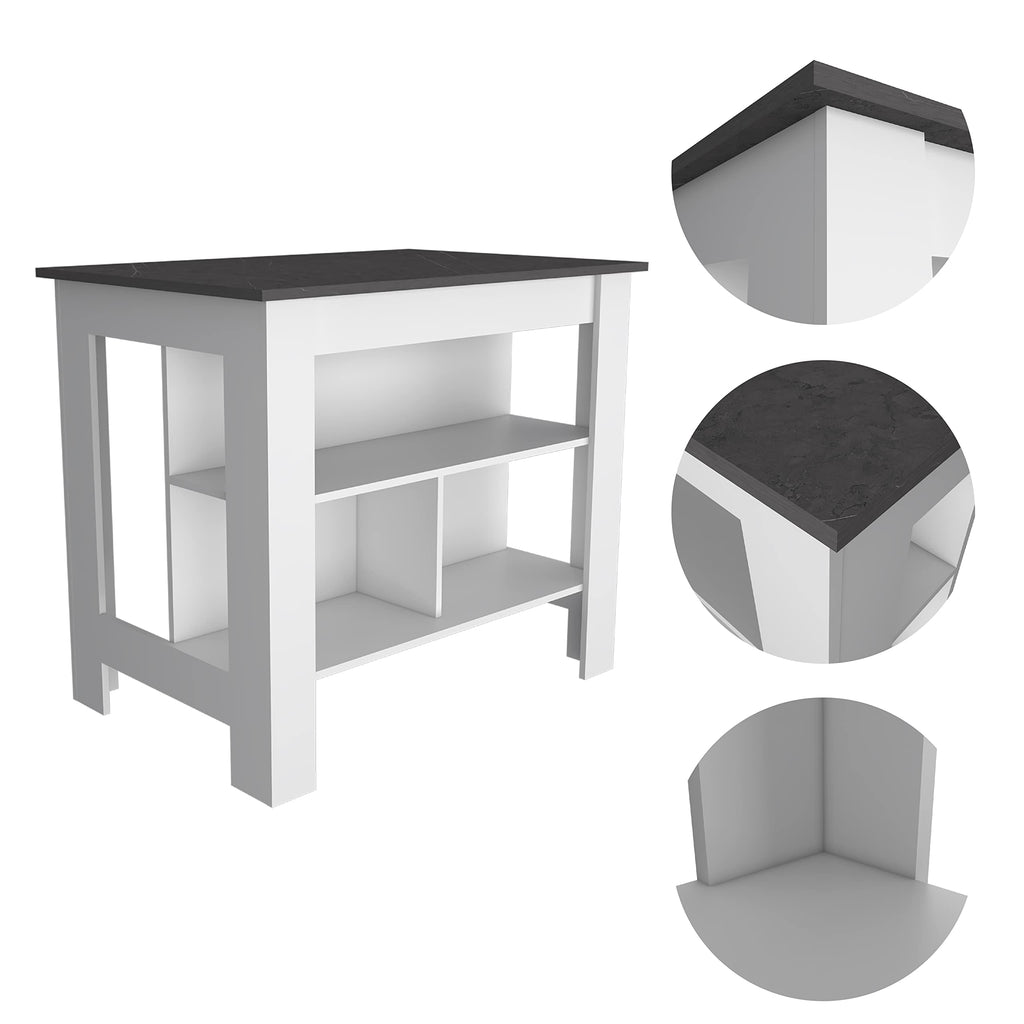 Kitchen Island, Kitchen Table 35" H, 4 Legs, 3 Open Storage Shelves, White/Onix