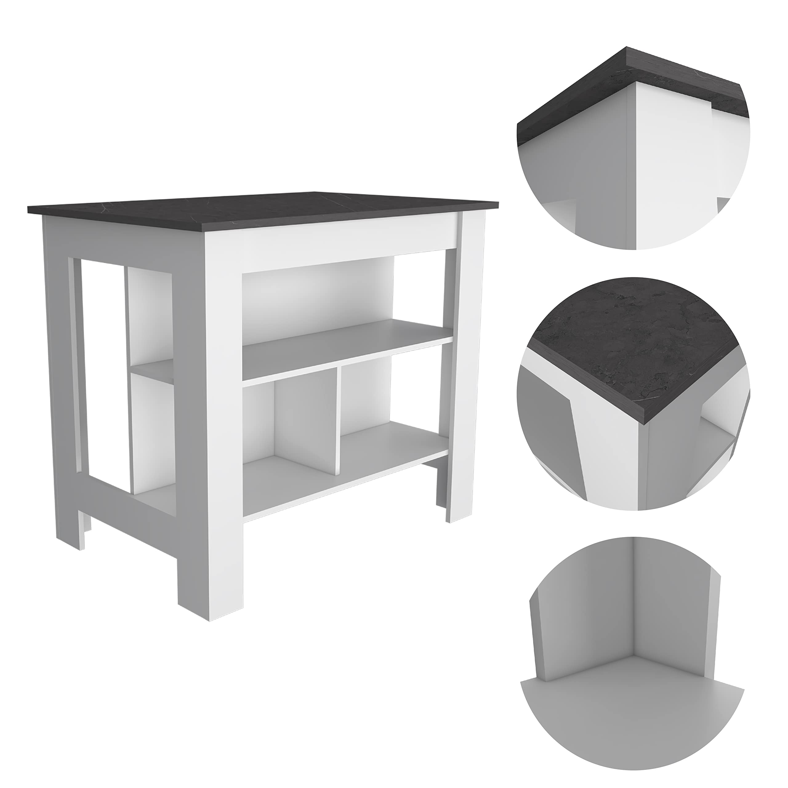 Kitchen Island, Kitchen Table 35" H, 4 Legs, 3 Open Storage Shelves, White/Onix