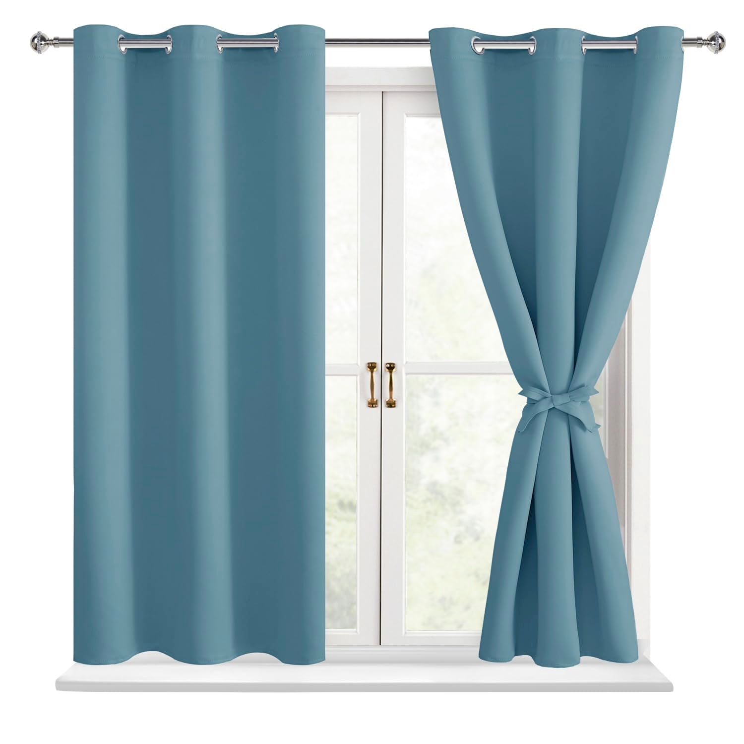 Hiasan Blackout Curtains For Bedroom - Thermal Insulated & Energy Saving Window Curtains For Living Room, 2 Drape Panels Sewn With Tiebacks, Stone Blue, 42 X 54 Inch