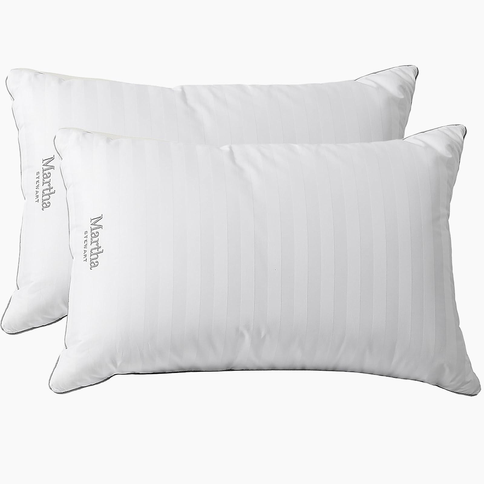 Martha Stewart Hotel Collection Medium Soft Feather Down Pillows 100% Cotton 500 Thread Count Damask Stripe Embroidered, Queen S