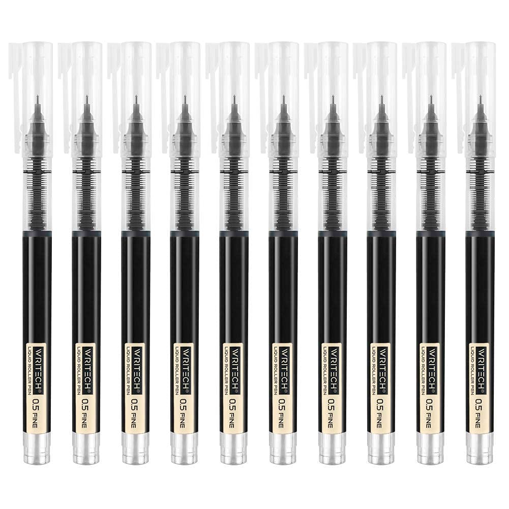Writech Rolling Ball Pens Quick Dry Ink 0.5 Mm Extra Fine Point Pens 10 Pcs Liquid Ink Pen Rollerball Pens Black Color