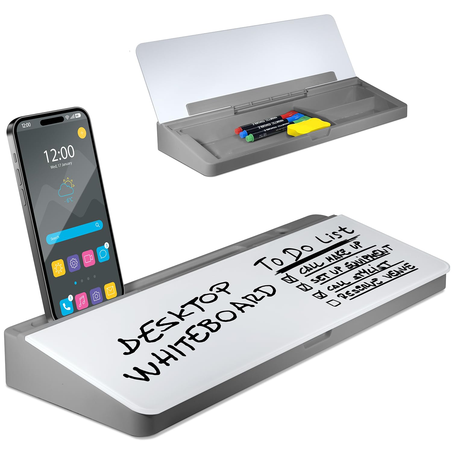 Desktop Whiteboard - Glass Dry Erase White Board - Desk Computer Buddy - Home Office & Studying Essentials - Desktop Pad With Ph