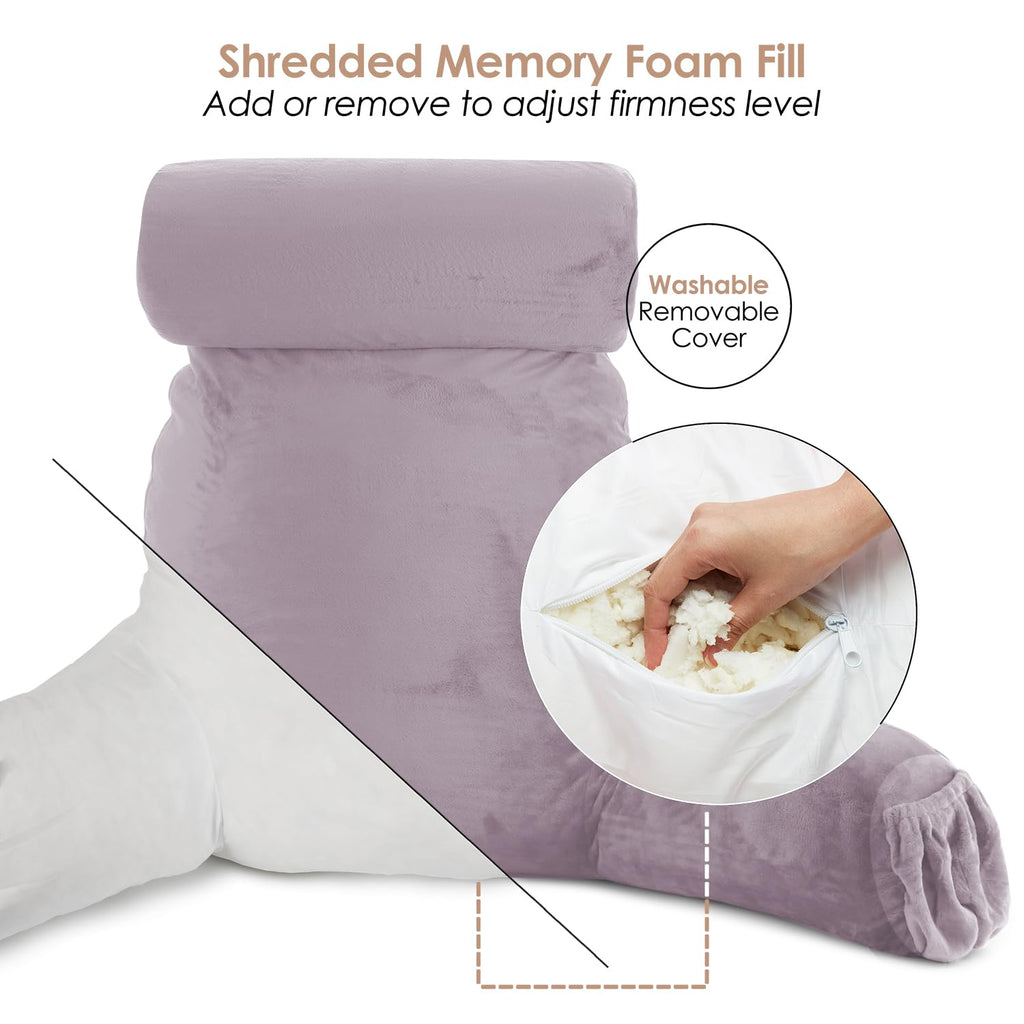 Nestl Large Dusty Purple Reading Pillow - Shredded Memory Foam Back Support for Bed and Chair with Pockets, Ideal for Reading and Relaxing