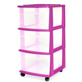 HOMZ Drawer Tower, 3-Tier Clear Plastic Storage Organizer Cart, Purple Frame - Rolling Drawer Containers with Wheels for Bathroo