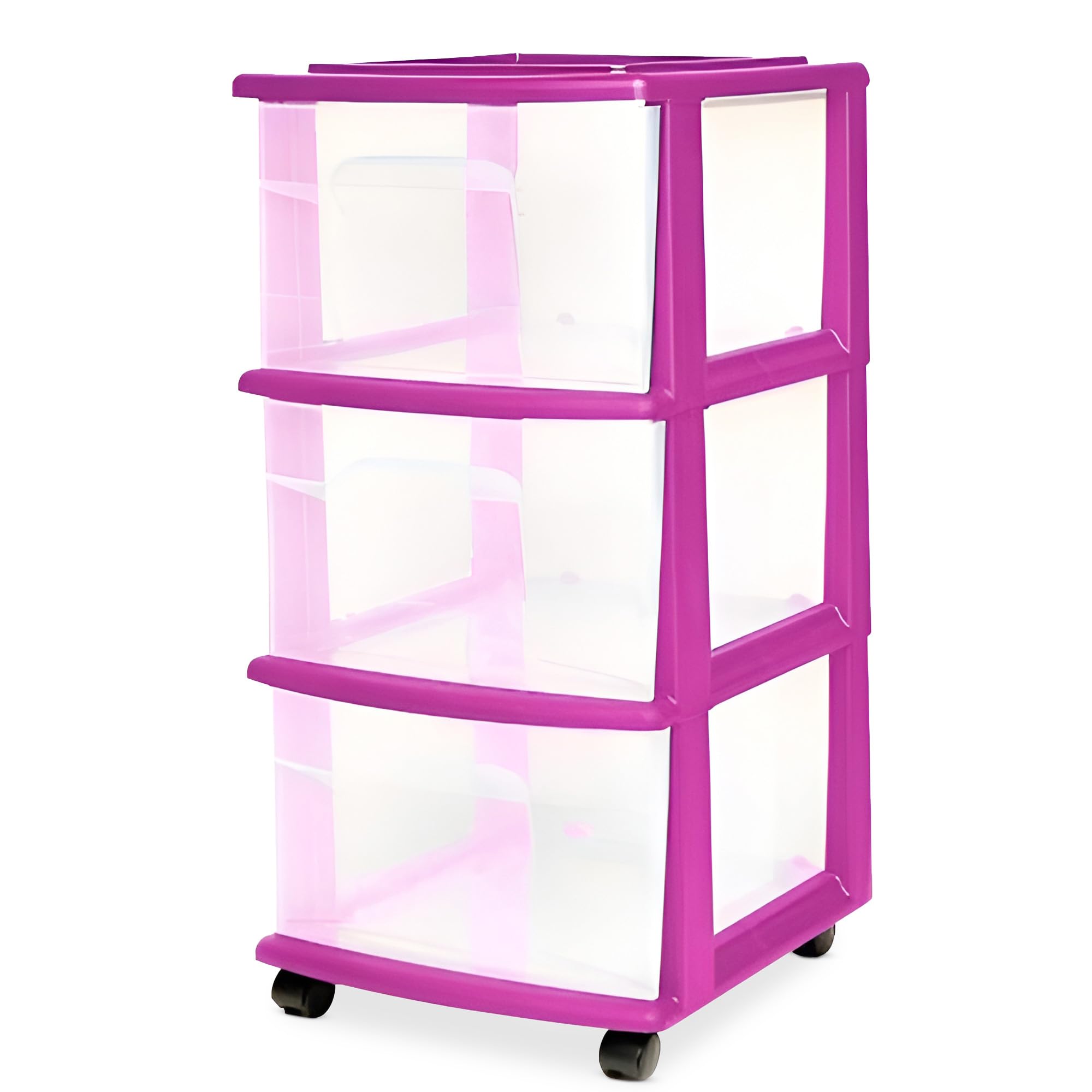 HOMZ Drawer Tower, 3-Tier Clear Plastic Storage Organizer Cart, Purple Frame - Rolling Drawer Containers with Wheels for Bathroo