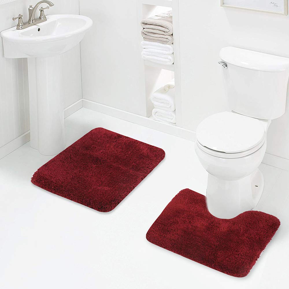 Walensee Shaggy 2 Piece Bath Rug Sets (Red) 20 x 24 U Shape Contour Rug & 20 x 32 Bathroom Rug Machine Wash/Dry Bath Mats for Ba