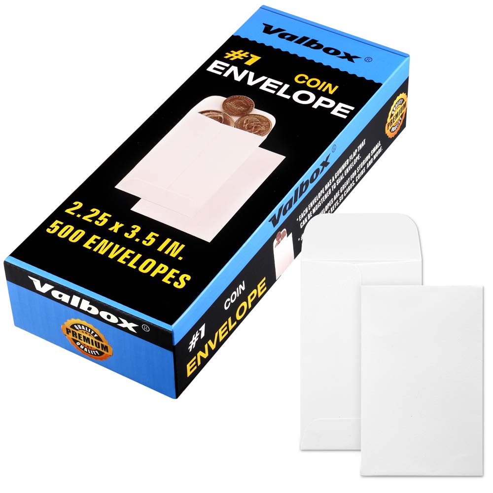 Valbox #1 Coin Envelopes 500Pcs/Box 2.25 X 3.5 Small Parts Envelope With Gummed Flap For Home, Garden Or Office Use, White Kraft