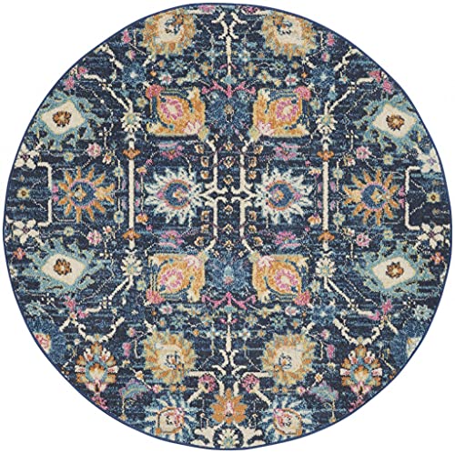 HomeRoots Polypropylene 4’ Round Navy Blue Floral Buds Area Rug